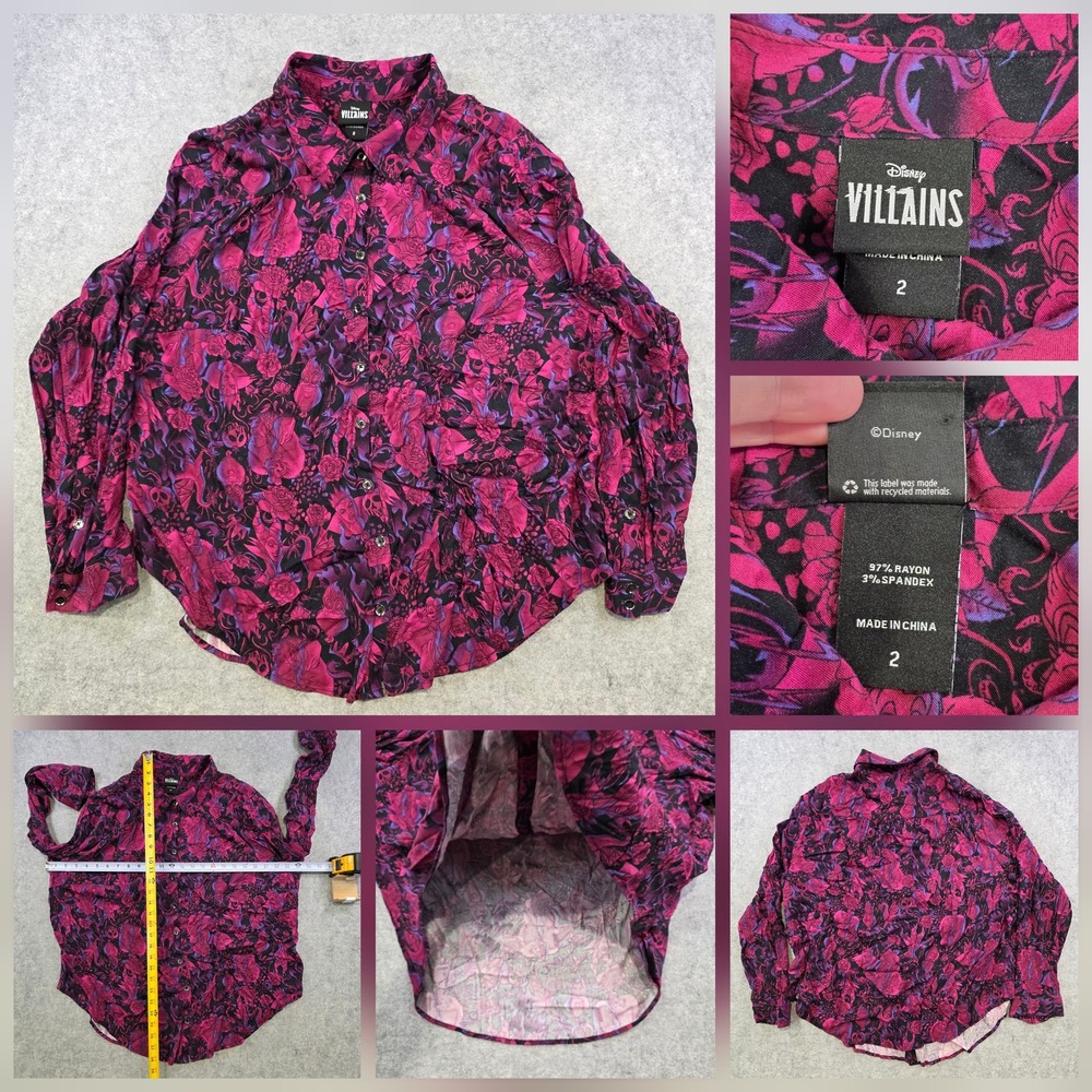 Disney Villains Shirt Womens 2 Pink Floral Button Up Long Sleeve Halloween